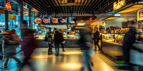 blurred motion of people walking in fast food restaurants, time-lapse shot photo