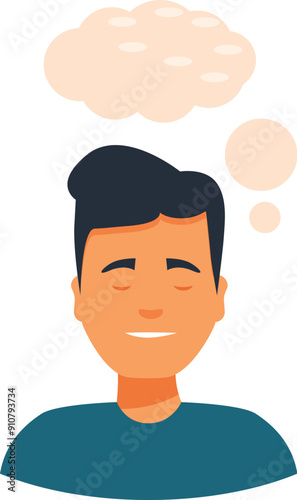 Young man is thinking with eyes closed and smiling face having a daydream