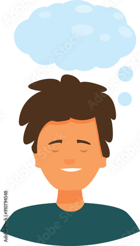 Young man is smiling and daydreaming with a thought bubble above his head