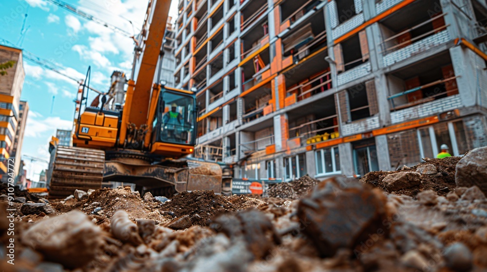 Construction Site with Excavator and New Building in the Background Construction Site with Excavator and New Building in the Background