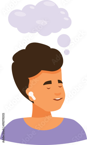Young man enjoying music in earphones with closed eyes and dreaming, thought bubble above his head