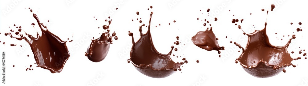 Multiple Chocolate Splashes and Drops Against a White Background Multiple Chocolate Splashes and Drops Against a White Background