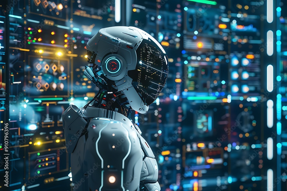 Futuristic robot with glowing lights stands before digital interface. Futuristic robot with glowing lights stands before digital interface.