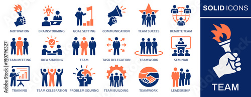 Team icon set. Collection includes motivation, brainstorming, goal setting, communication and more. Vector illustration. Easily changes to any color.