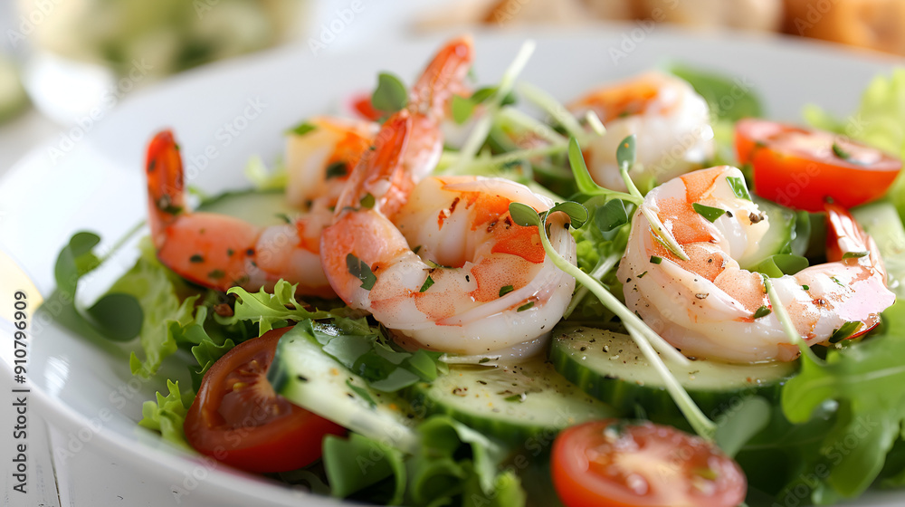 Prawn salad salad with shrimpon a round white plate. Restaurant serving concept. Close-up. Prawn salad salad with shrimpon a round white plate. Restaurant serving concept. Close-up.