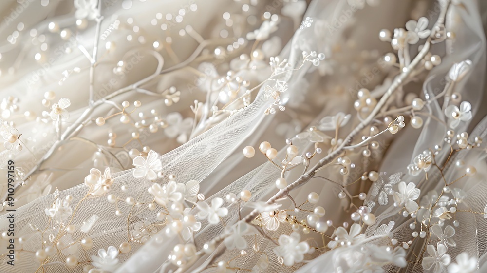 A gentle and feminine scene of soft tulle fabric, sprinkled with pearl beads and lace appliqués, creating a texture of pure elegance. A gentle and feminine scene of soft tulle fabric, sprinkled with pearl beads and lace appliqués, creating a texture of pure elegance.
