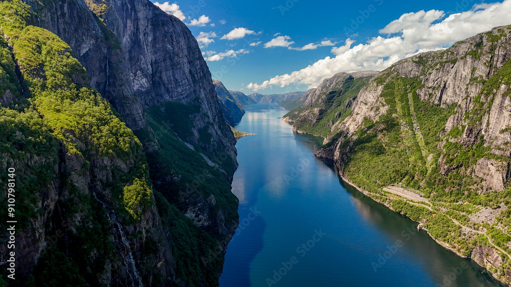 Majestic Fjords of Norway Under a Clear Blue Sky in Summer, Lysefjord Lysebotn Norway Majestic Fjords of Norway Under a Clear Blue Sky in Summer, Lysefjord Lysebotn Norway
