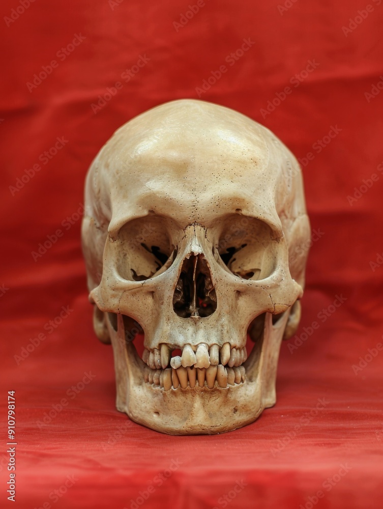 Fototapeta premium Human skull on red background. Human remains.