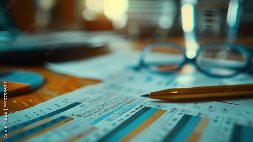 custom made wallpaper toronto digitalClose-up view of financial charts and graphs on a desk, accompanied by a pen and a pair of glasses, indicating work or analysis.