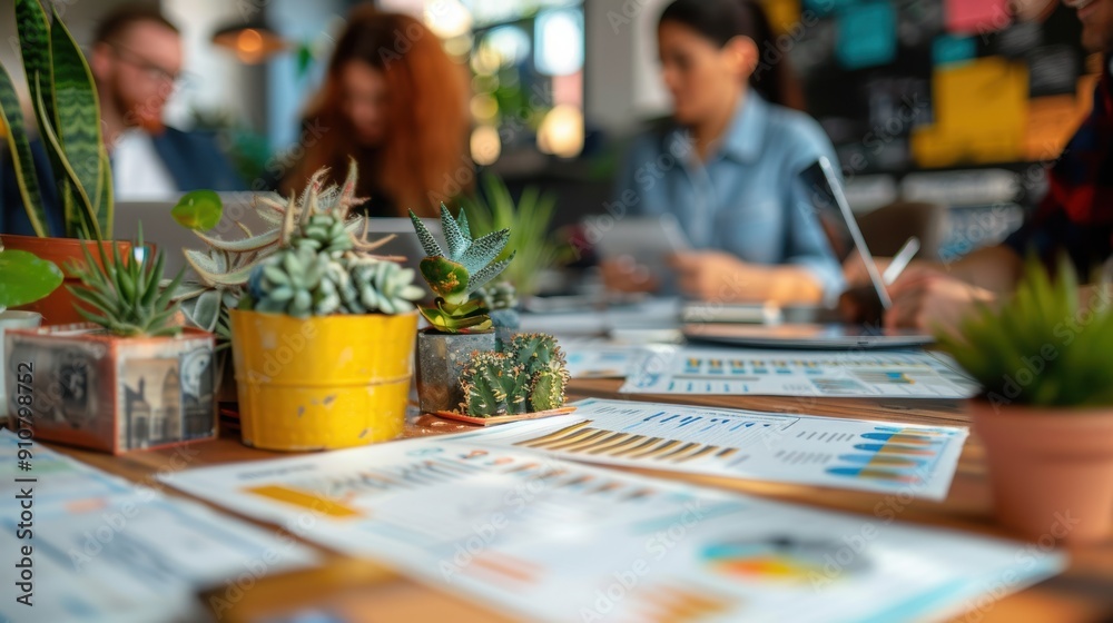 A creative team collaborates on financial reports in a vibrant office setting, surrounded by potted plants, blending productivity with a fresh, natural atmosphere. A creative team collaborates on financial reports in a vibrant office setting, surrounded by potted plants, blending productivity with a fresh, natural atmosphere.