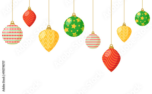 Colorful christmas tree balls hanging border card decoration flat illustration 