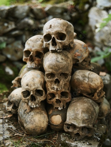 A pile of human skulls lying on top of each other