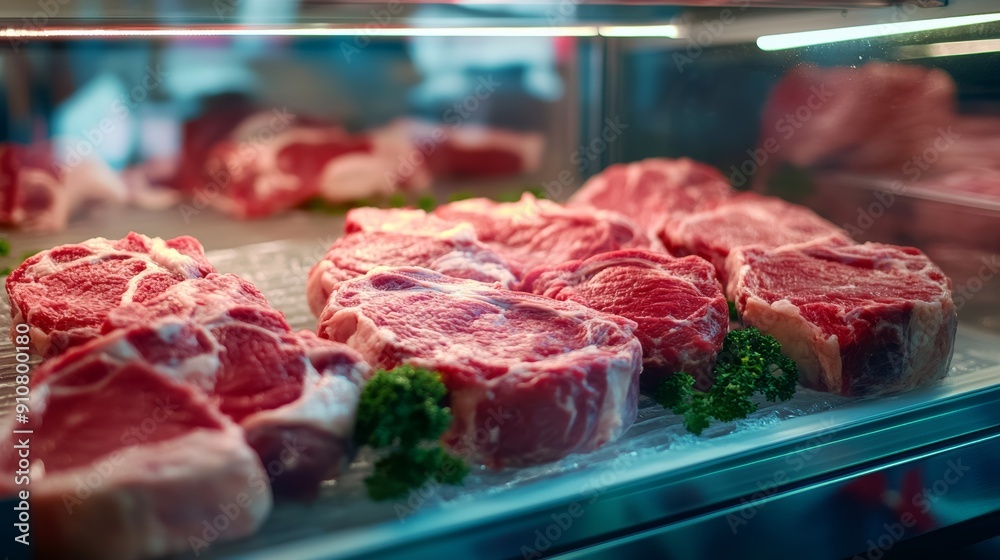 Raw fresh meat in the refrigerated display of a butcher shop in a supermarket. Selection of raw fresh meat. Raw fresh meat in the refrigerated display of a butcher shop in a supermarket. Selection of raw fresh meat.