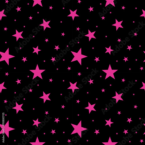 Vibrant pink stars scattered on a black backdrop create a playful celestial pattern ideal for backgrounds or textile prints