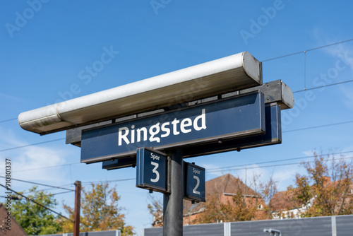 Ringsted, Denmark - September 27, 2023: Sign post of Ringsted railway station