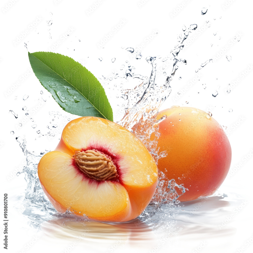 A fresh peach sliced in half with a visible pit, surrounded by splashes of water. The whole peach is intact, showcasing its vibrant orange color, with a green leaf attached.