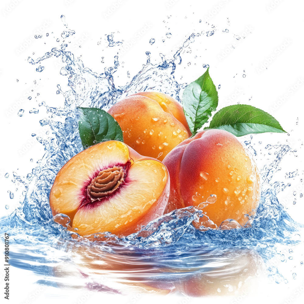 Fresh peaches splashing in water, showcasing their juicy texture and vibrant colors. The image captures the essence of summer fruits with droplets of water enhancing the freshness.