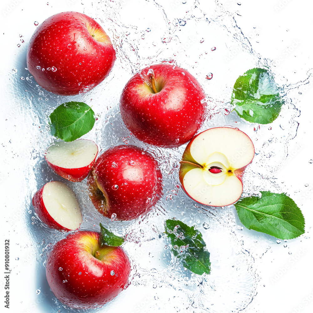 Fresh red apples splashing in water with green leaves, showcasing a vibrant and refreshing scene.
