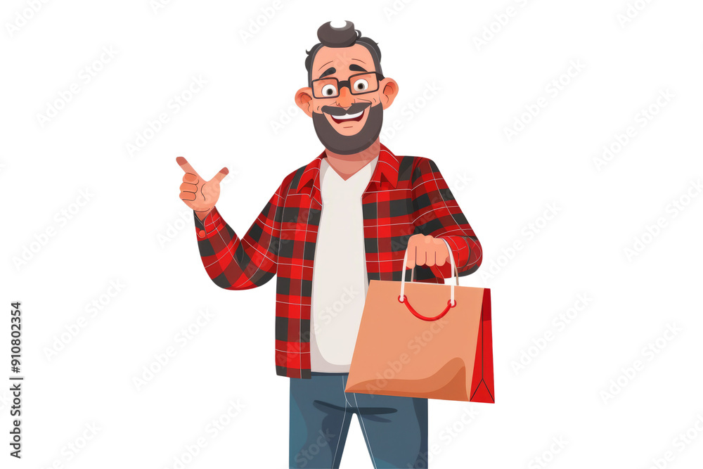 Middle-aged man proudly displaying single shopping bag, clean white setting Middle-aged man proudly displaying single shopping bag, clean white setting