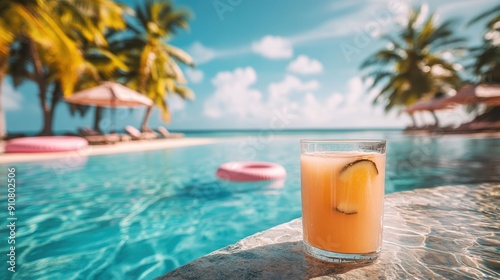 Glass of exotic mocktail on border of a swimming pool with pink Inflatable ring,Mojito cocktail,beach umbrellas by the blue sea,holiday tropical,outdoor luxury beach resort or hotel concept.