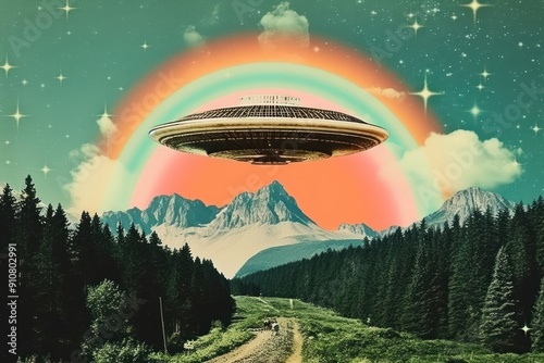 Collage Retro dreamy ufo outdoors airship nature.