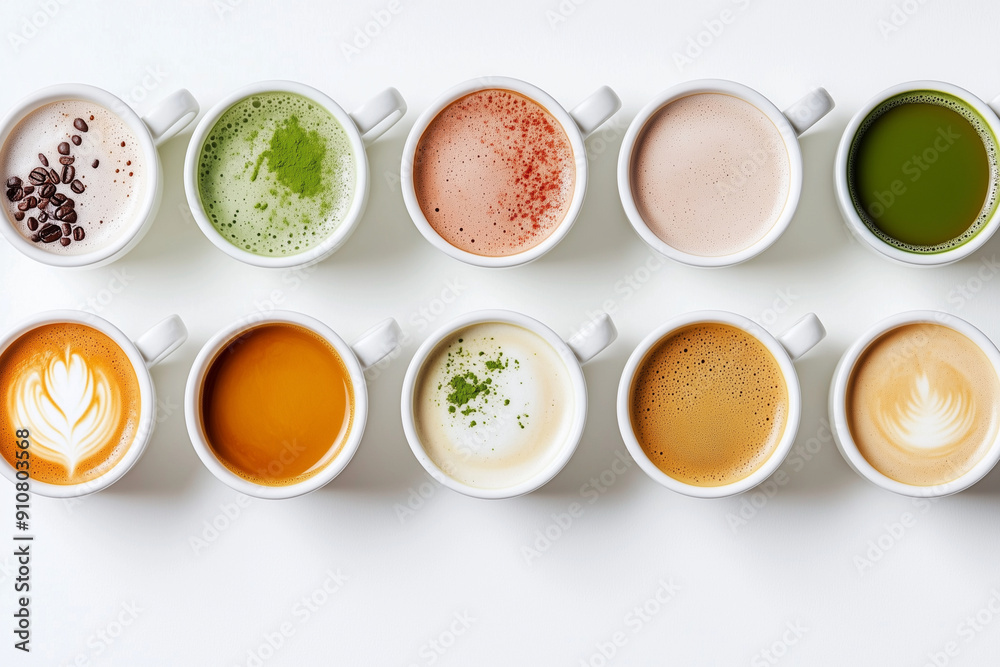 row of white coffee cups with different flavors, including green tea and chocolate. The cups are arranged in a line, with the first cup on the left and the last cup on the right row of white coffee cups with different flavors, including green tea and chocolate. The cups are arranged in a line, with the first cup on the left and the last cup on the right