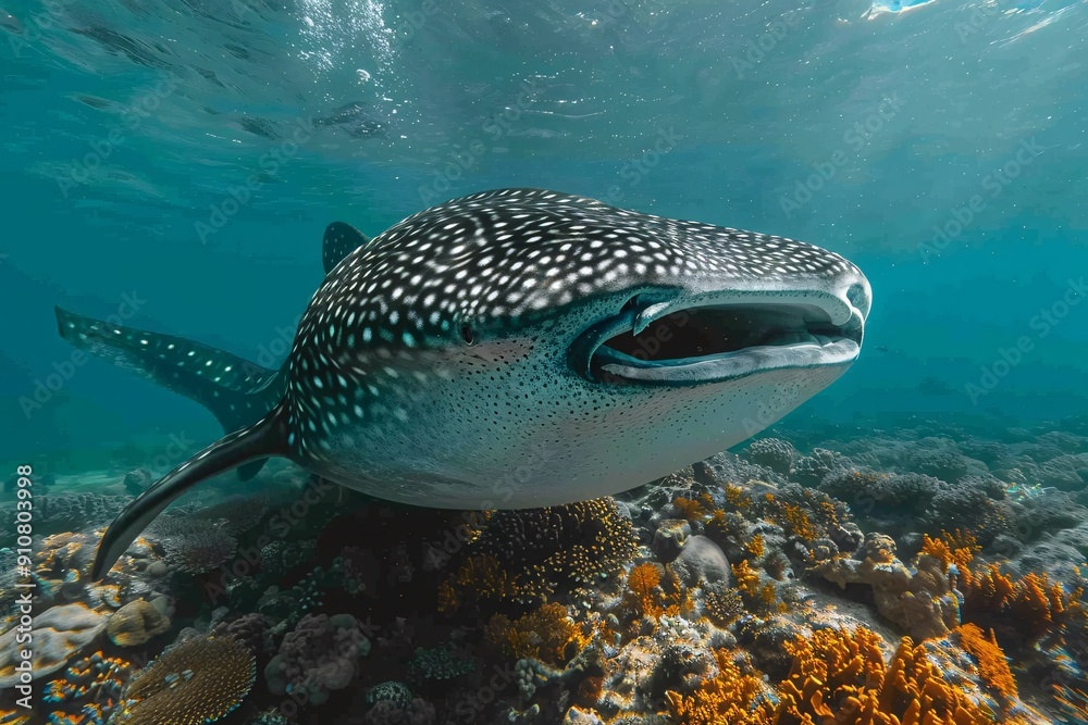 Fototapeta premium A massive filter-feeding shark glides through shallow waters, reaching lengths exceeding 15 meters and inhabiting oceans globally.