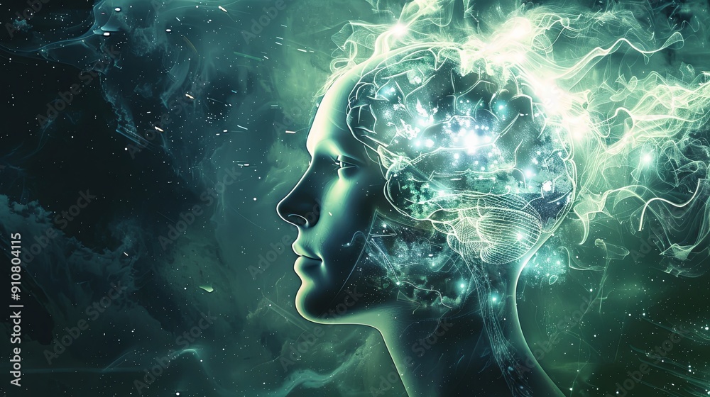 Abstract human head with glowing brain and starry background.