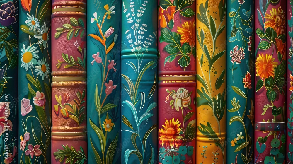 A close-up view of multiple ornate cylinders adorned with intricate floral patterns, each with a unique color scheme and style. A close-up view of multiple ornate cylinders adorned with intricate floral patterns, each with a unique color scheme and style.