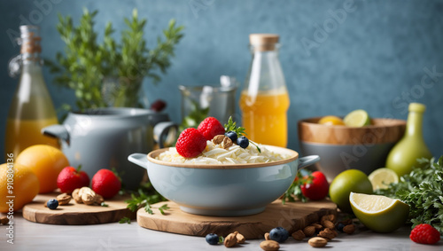 healthy breakfast with muesli and fruits