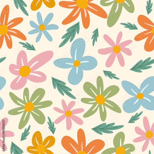 Cheerful pastel floral pattern with stylized flowers and leaves for spring-themed textile prints and wallpaper