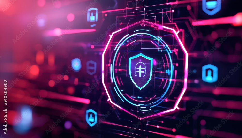 Futuristic holographic control panel with cyber defense icons and neon lines, Cyber Defense, Futuristic