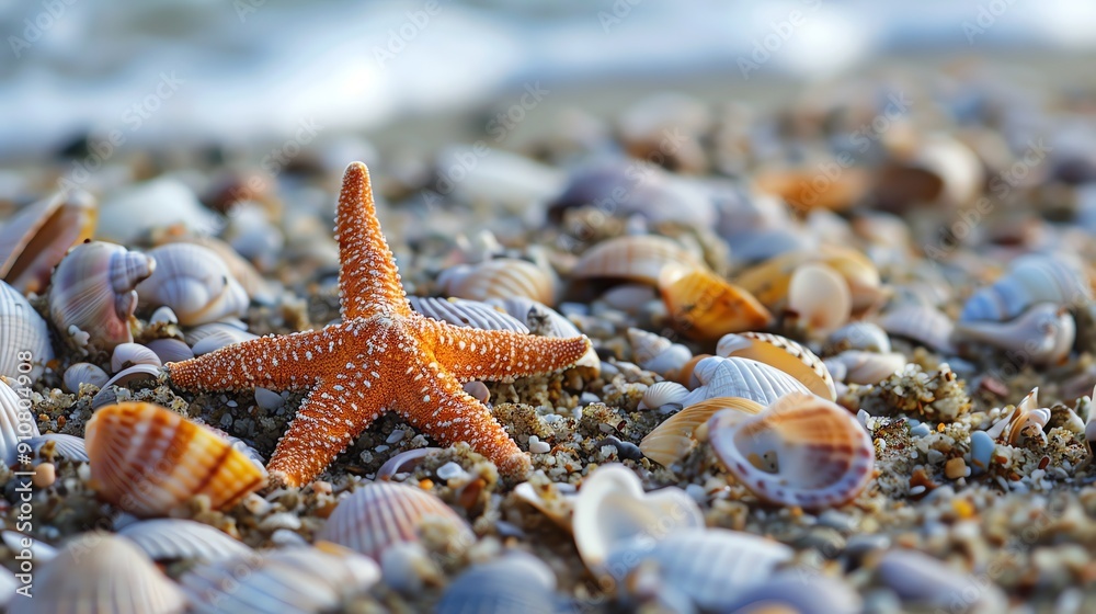An orange starfish on a beach with seashells. An orange starfish on a beach with seashells.