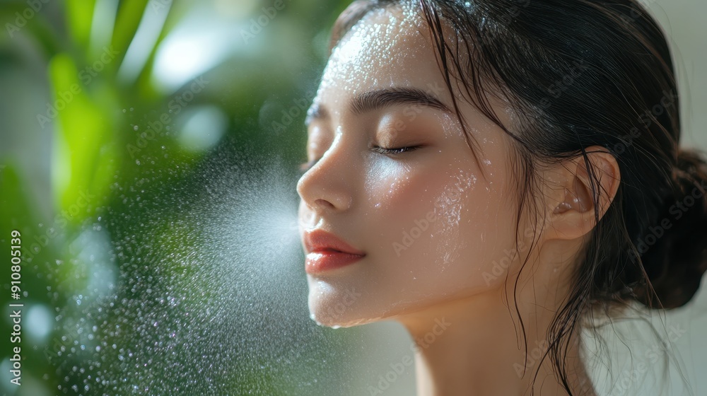 Young woman fingers press the spray mist to spray out skin care products to replenish water,spray after makeup studio with product for mockup in cosmetics on empty background,hydration and glow. Young woman fingers press the spray mist to spray out skin care products to replenish water,spray after makeup studio with product for mockup in cosmetics on empty background,hydration and glow.