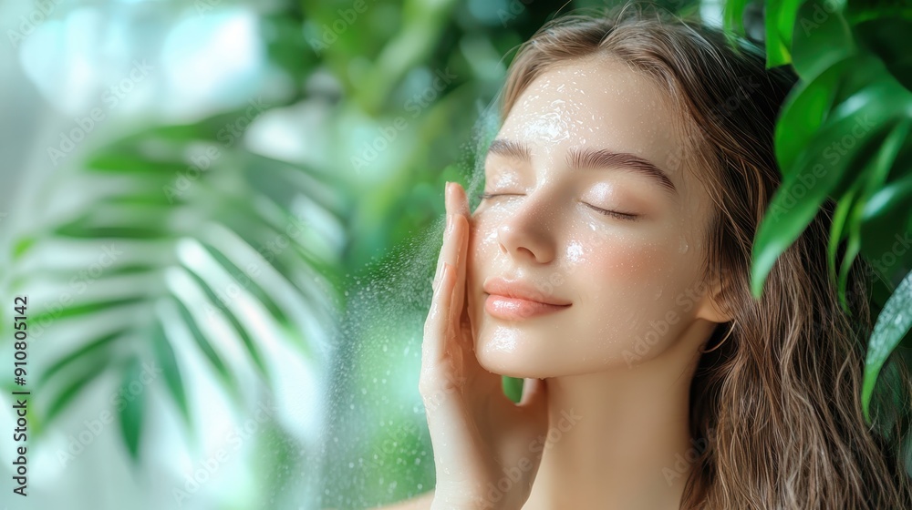 Young woman fingers press the spray mist to spray out skin care products to replenish water,spray after makeup studio with product for mockup in cosmetics on empty background,hydration and glow.