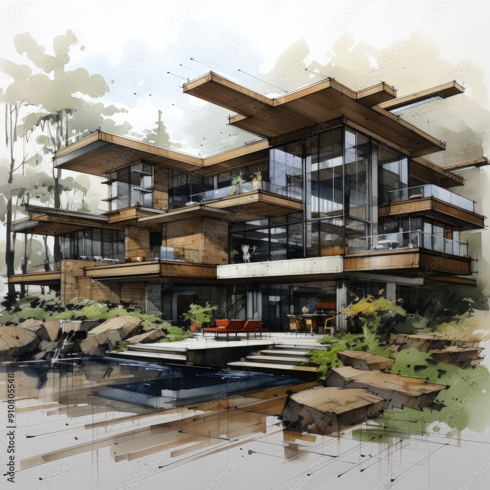 Fototapeta premium Vintage Architectural Sketch of a Modern Alaskan Cabin