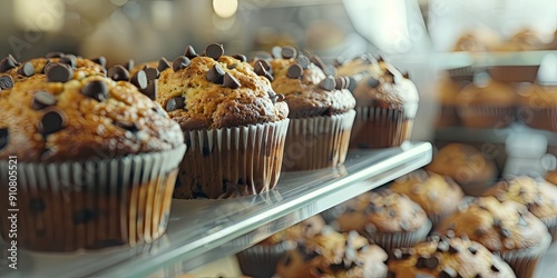 Freshly baked chocolate chip muffins displayed in a bakery case.