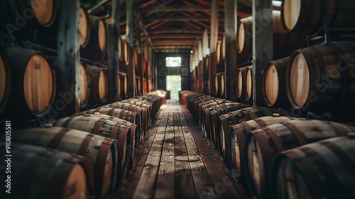 Barrels of bourbon maturing in a storage facility.