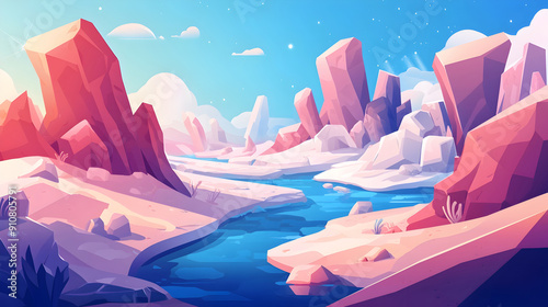 Lone Explorer Traverses Crystalline Alien Terrain in Vibrant Retrofuturistic Landscape