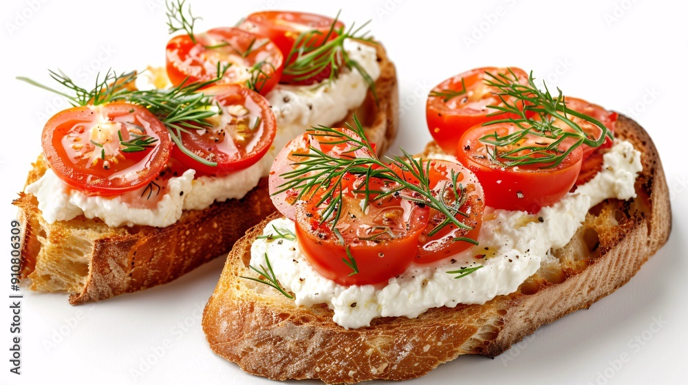 Savory cheese-topped toast with tomato slices and dill, presented from above against a white background. Savory cheese-topped toast with tomato slices and dill, presented from above against a white background.