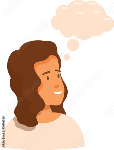 Young woman is smiling while thinking with an empty thought bubble above her head