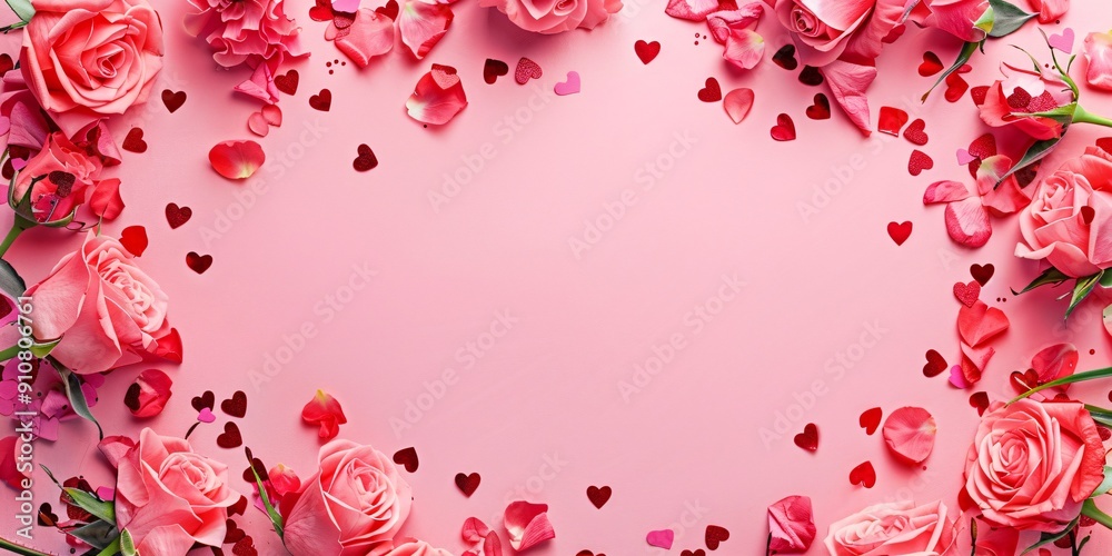 Floral frame with scattered flowers on a blush backdrop for Valentine's Day. Floral frame with scattered flowers on a blush backdrop for Valentine's Day.