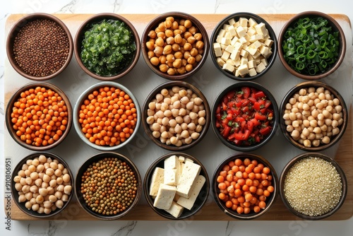 various of plants based ingredients in bowls on white background