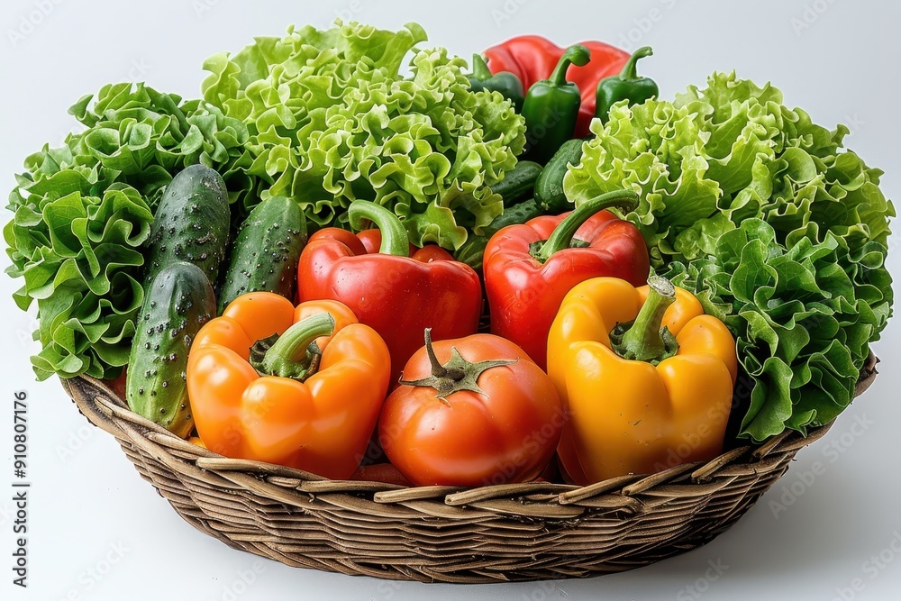 Wicker basket with various vegetables inside Wicker basket with various vegetables inside