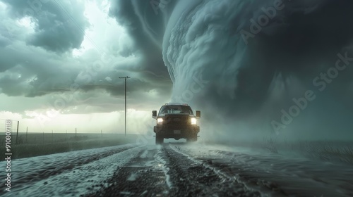 Storm chasers in Tornado Alley race towards a developing tornado, their equipment ready to capture data and footage.
