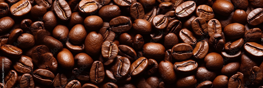 Naklejka premium close up of coffee beans with the beans being brown in color. The beans are spread out and appear to be in a pile