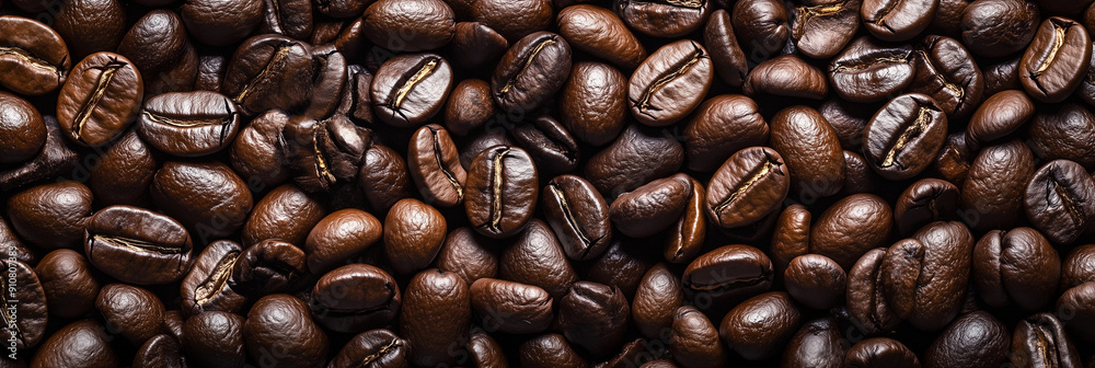 Obraz premium close up of coffee beans with the beans being brown in color. The beans are spread out and appear to be in a pile