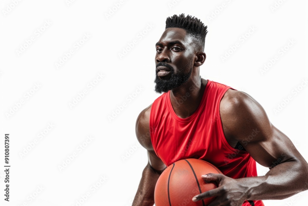 This AI-generated image features a muscular basketball player in a red jersey holding a basketball. It captures the intensity of the game and athletic expression. Perfect for sports-themed projects This AI-generated image features a muscular basketball player in a red jersey holding a basketball. It captures the intensity of the game and athletic expression. Perfect for sports-themed projects
