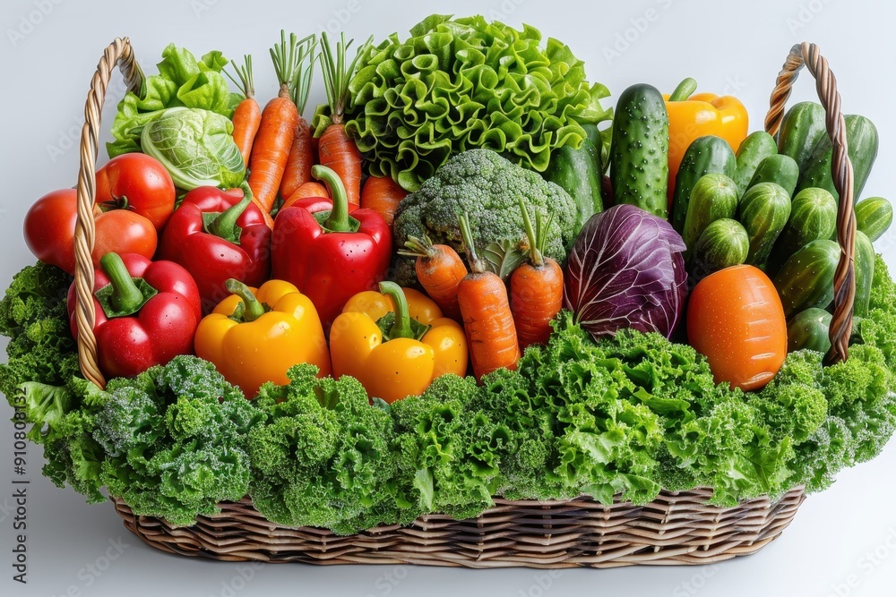 Wicker basket with various vegetables inside Wicker basket with various vegetables inside