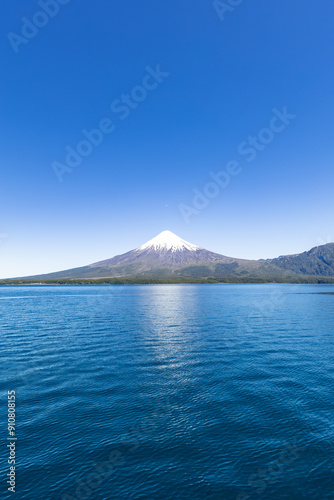 Todos los Santos (Allsaints) lake with the snow-capped Osorno volcano in the background, Vicente Rosales National Park, Puerto Varas, Chile. photo